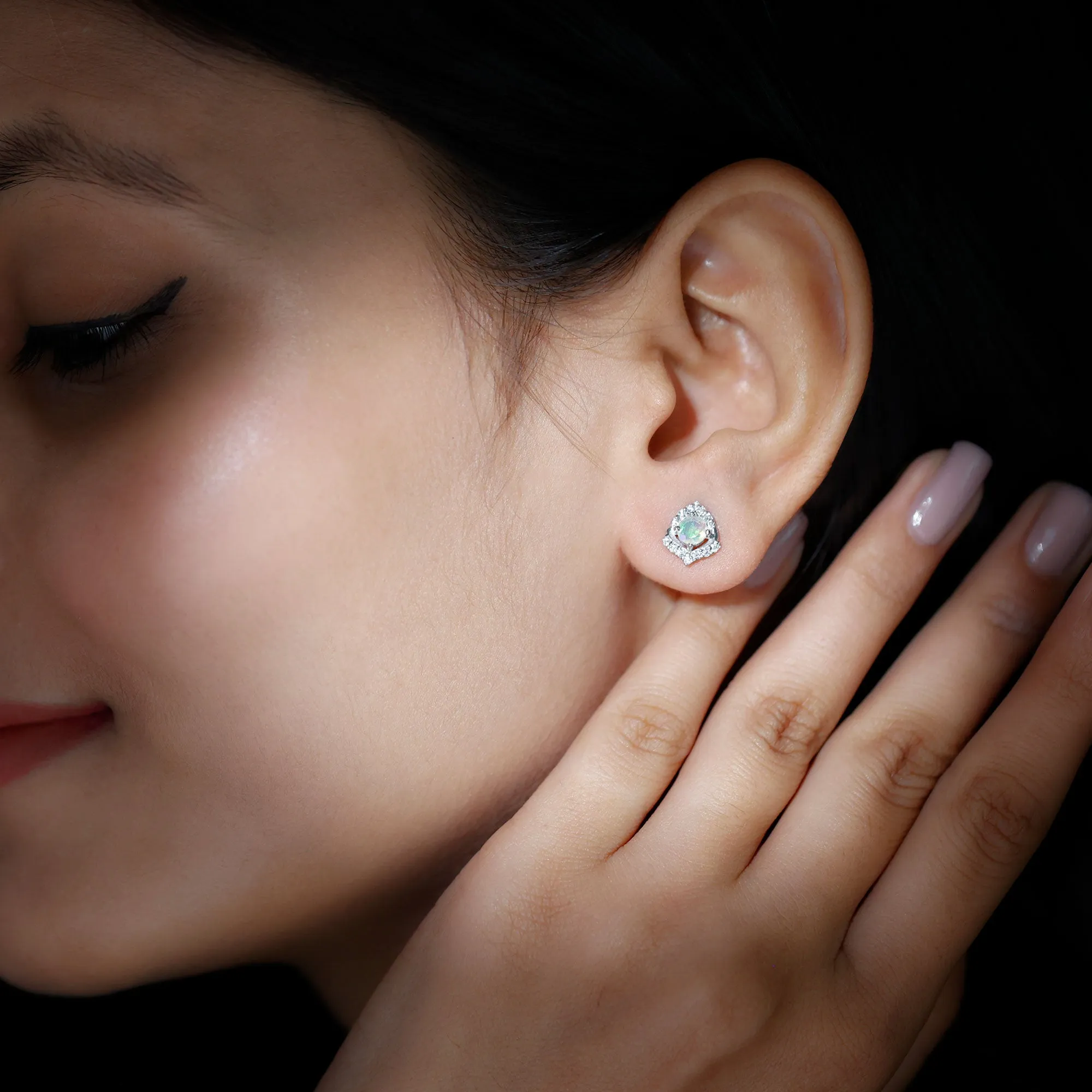 3/4 CT Ethiopian Opal Stud Earrings with Moissanite Accent