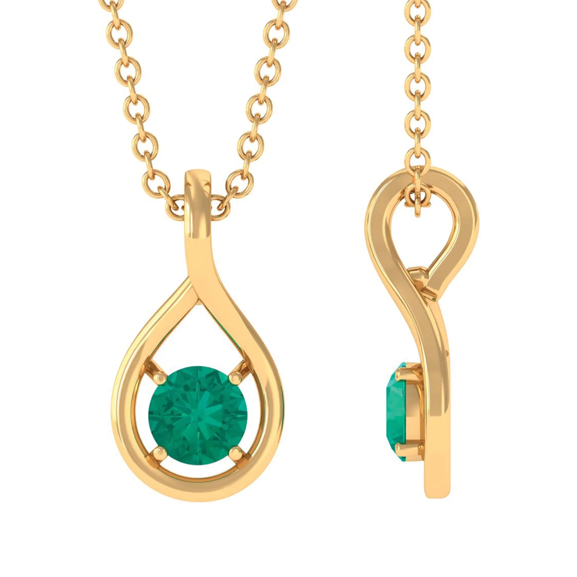 4 MM Round Cut Emerald Solitaire Gold Teardrop Pendant