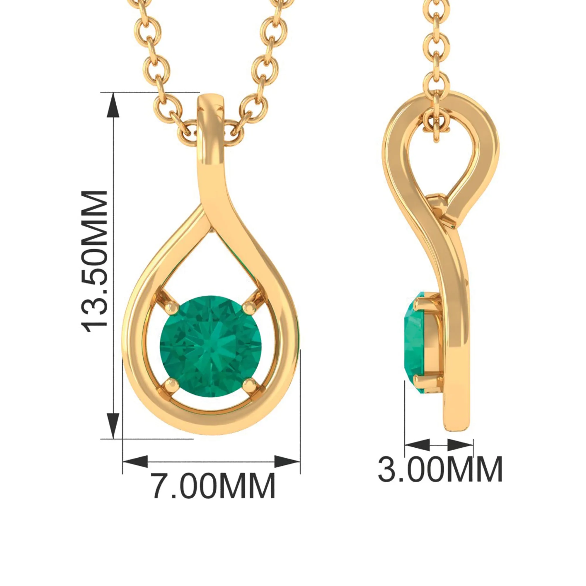 4 MM Round Cut Emerald Solitaire Gold Teardrop Pendant