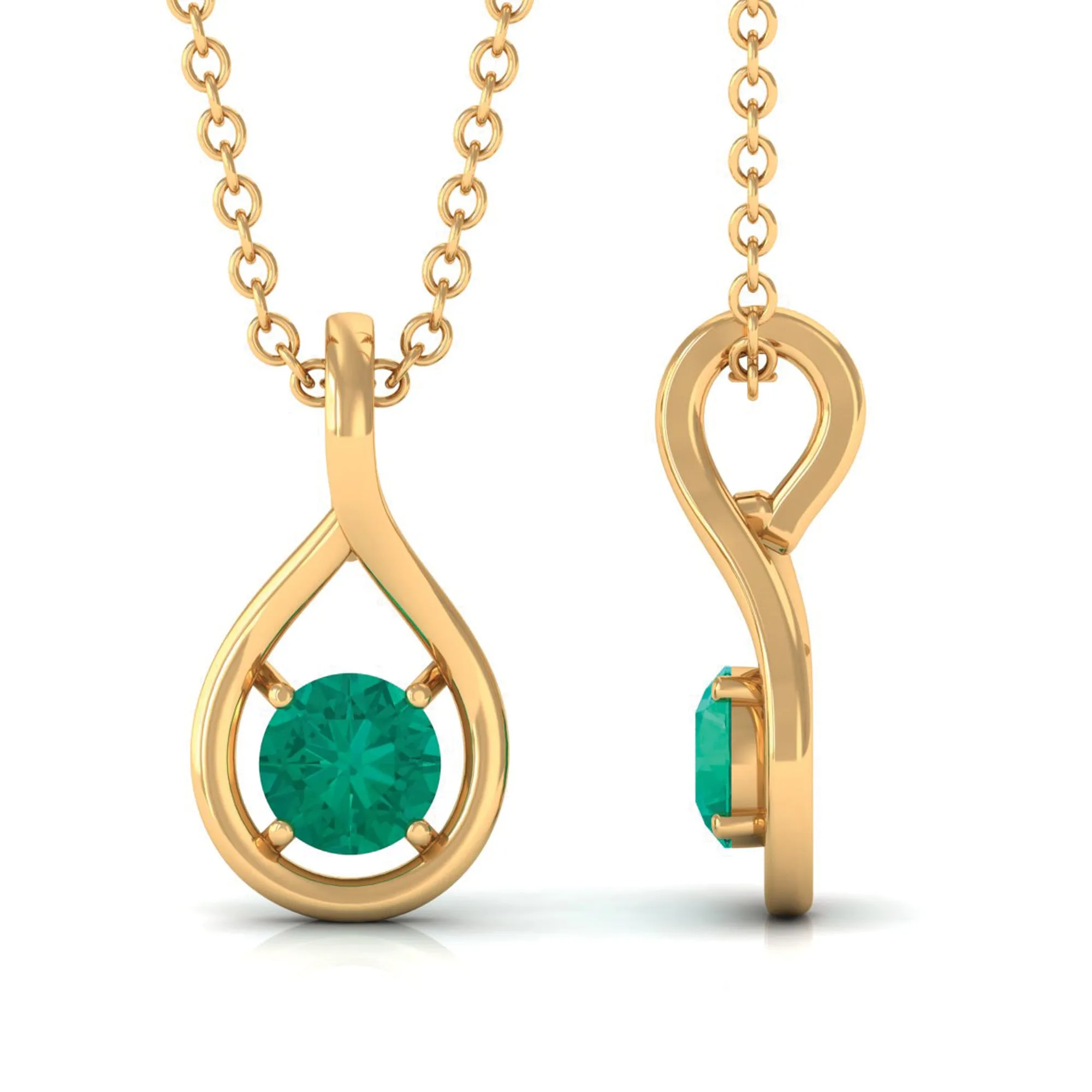 4 MM Round Cut Emerald Solitaire Gold Teardrop Pendant