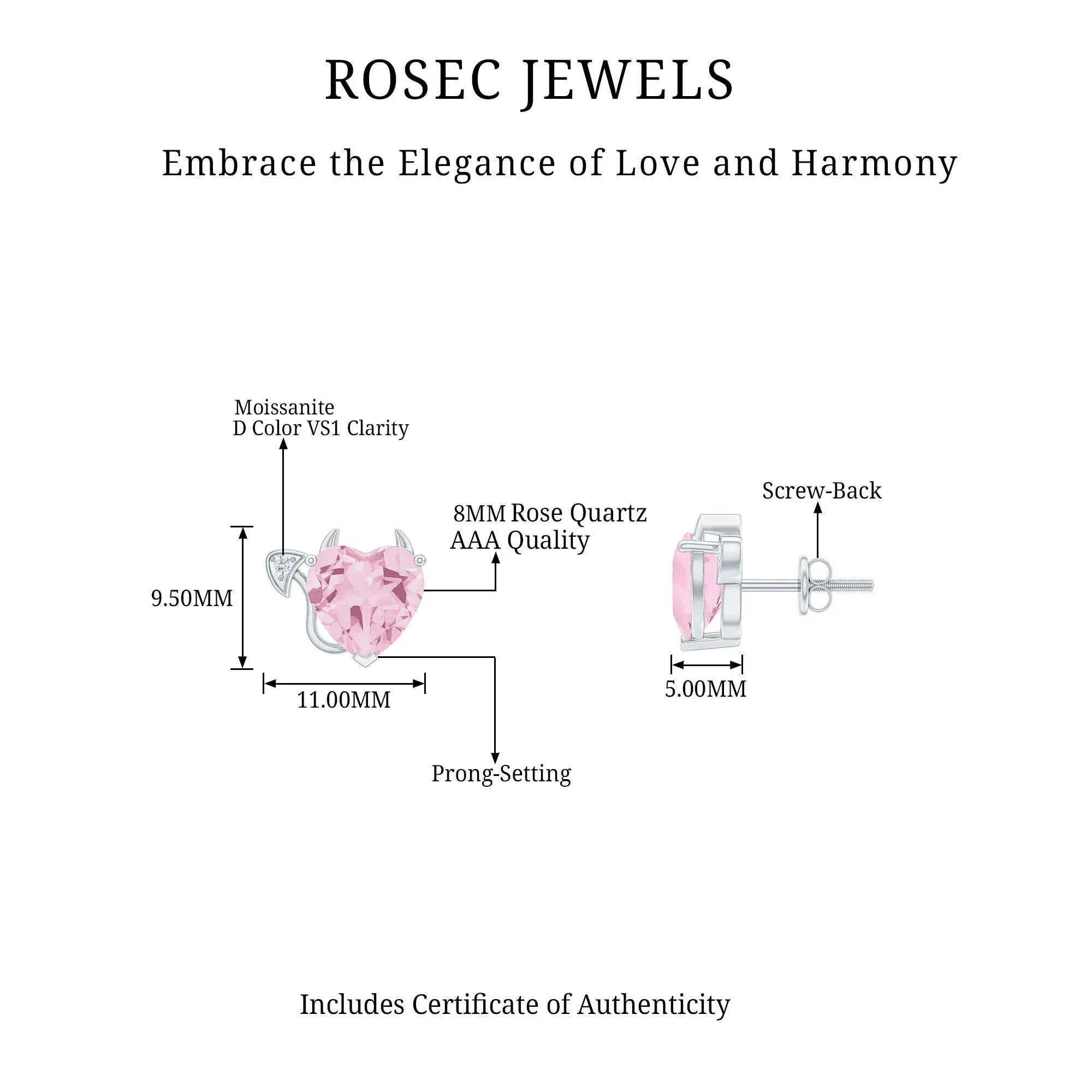 4.25 CT Rose Quartz and Moissanite Gothic Stud Earrings