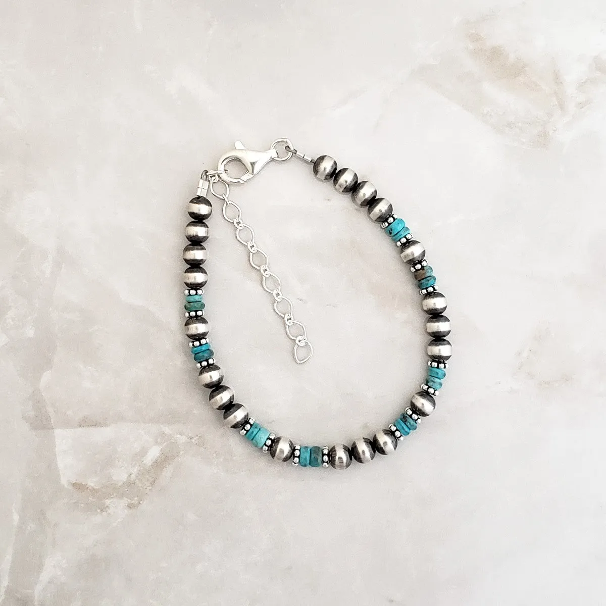 5mm Navajo Pearls & Blue Turquoise Bracelet Sterling Silver