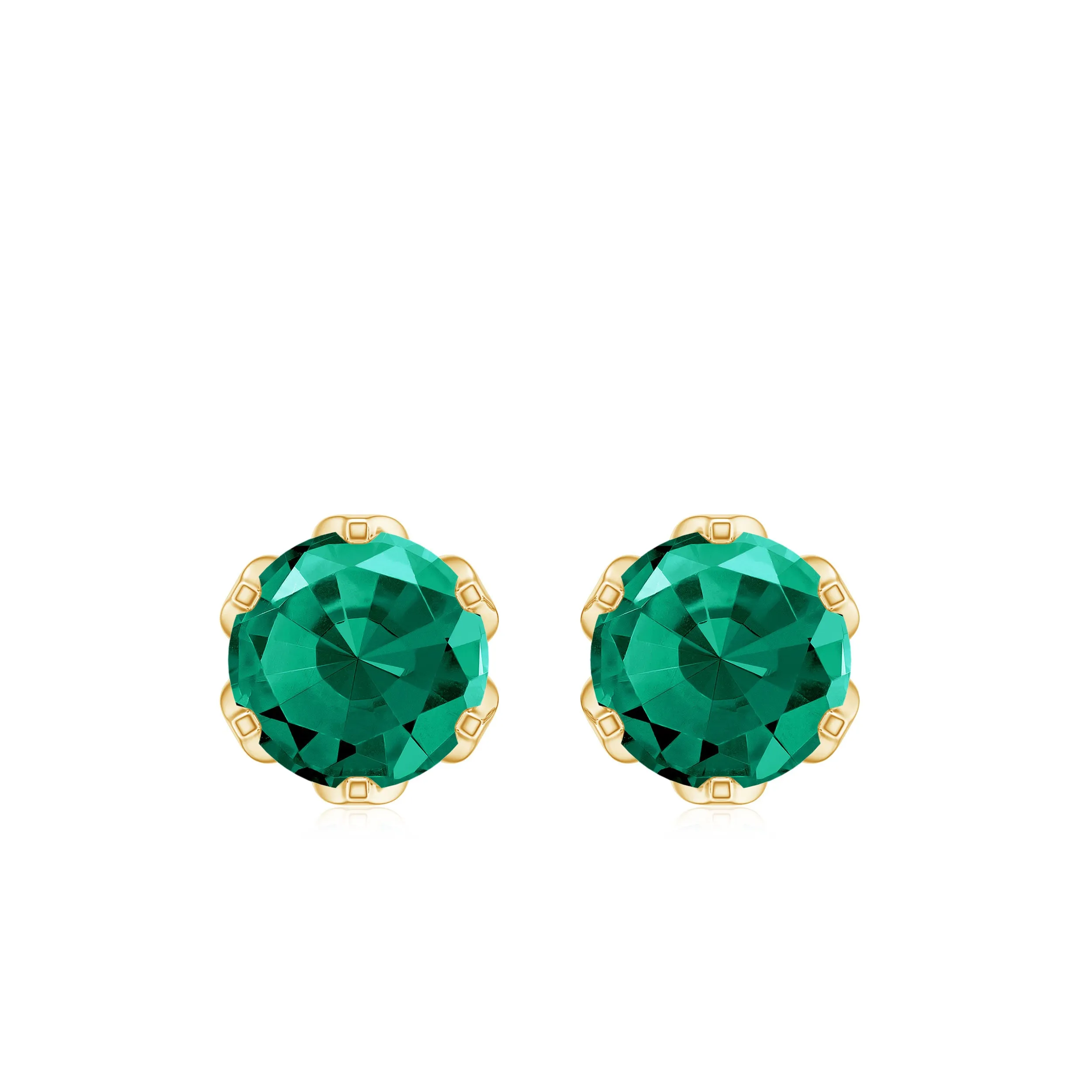 6 MM Round Cut Created Emerald Solitaire Stud Earrings in Lotus Basket Setting