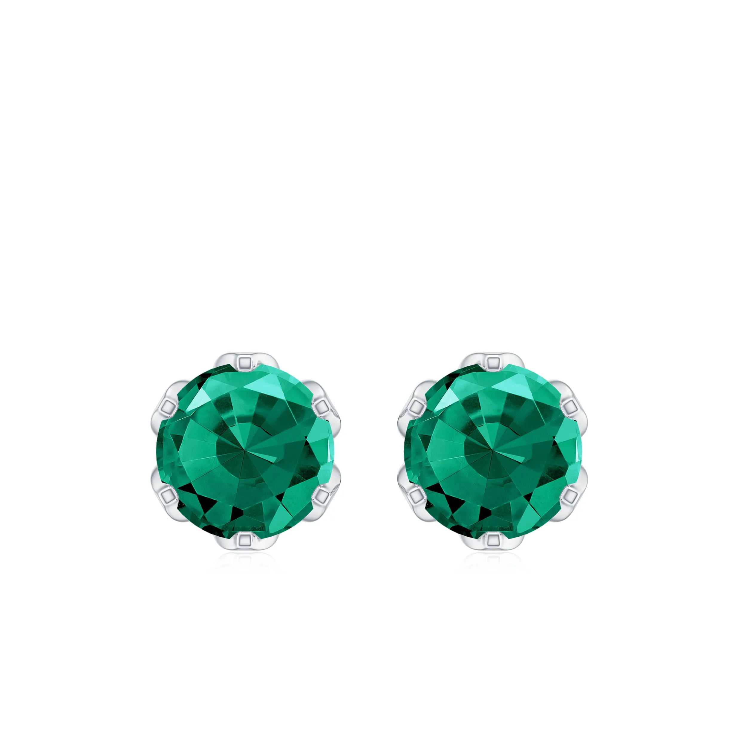 6 MM Round Cut Created Emerald Solitaire Stud Earrings in Lotus Basket Setting
