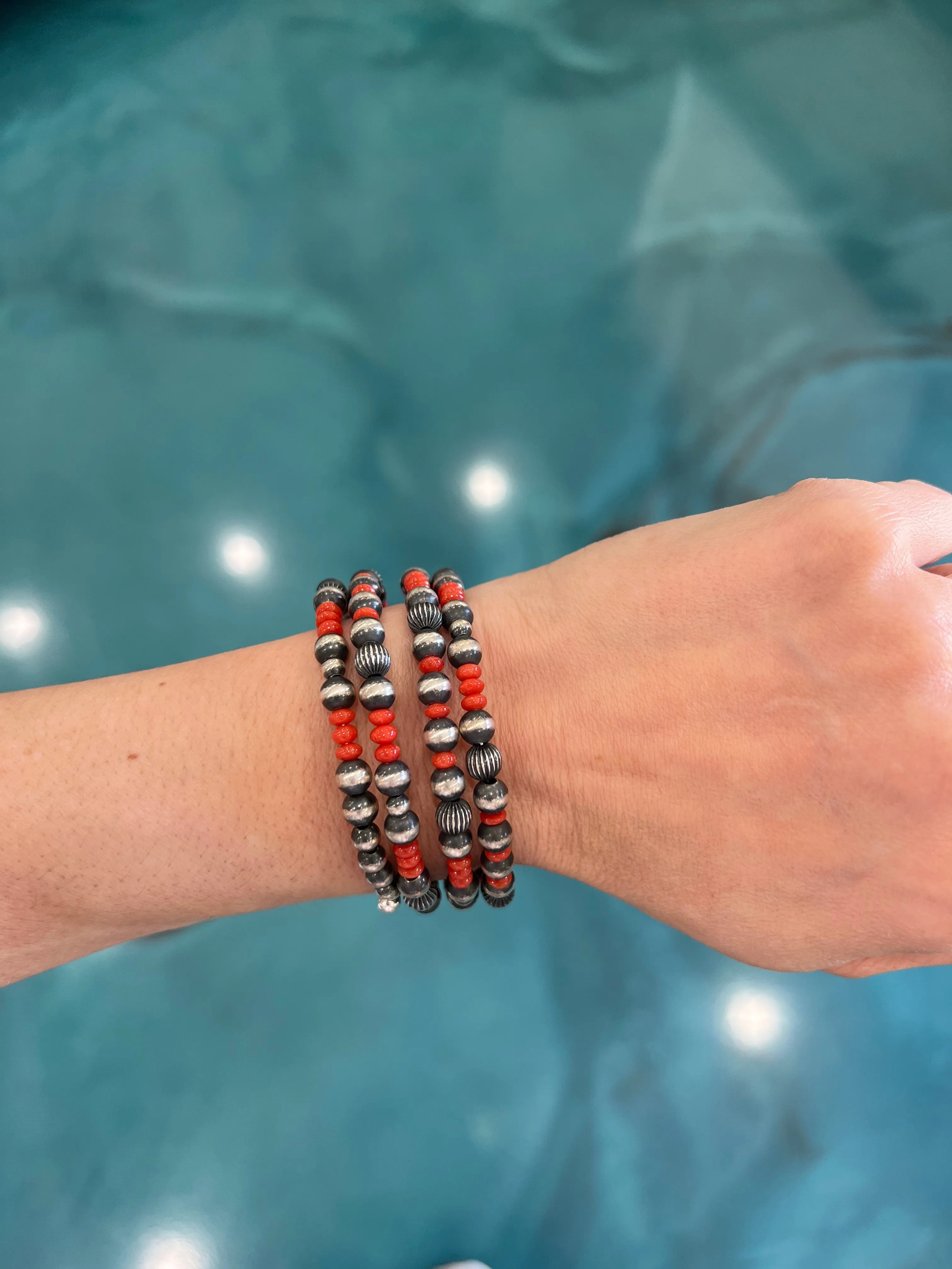 6mm Memory Wire Navajo Pearl Bracelet - Coral