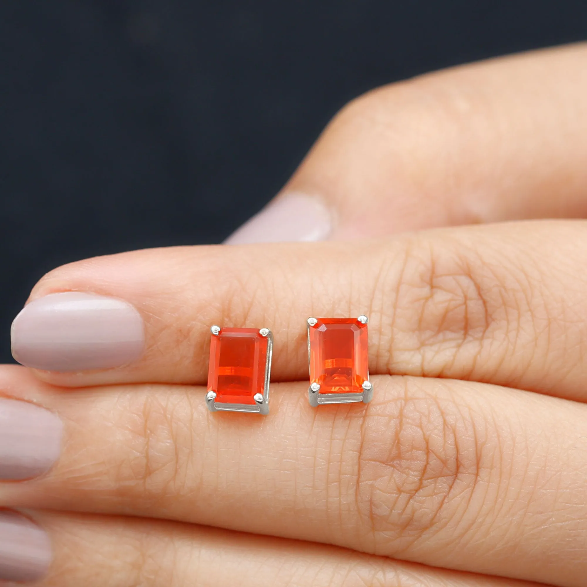 6X8 MM Octagon Cut Fire Opal Solitaire Stud Earrings for Women