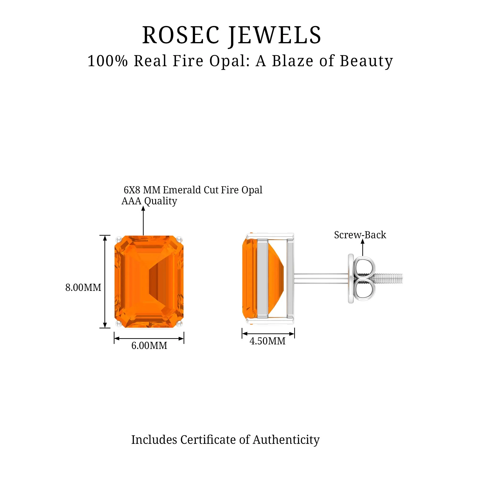 6X8 MM Octagon Cut Fire Opal Solitaire Stud Earrings for Women