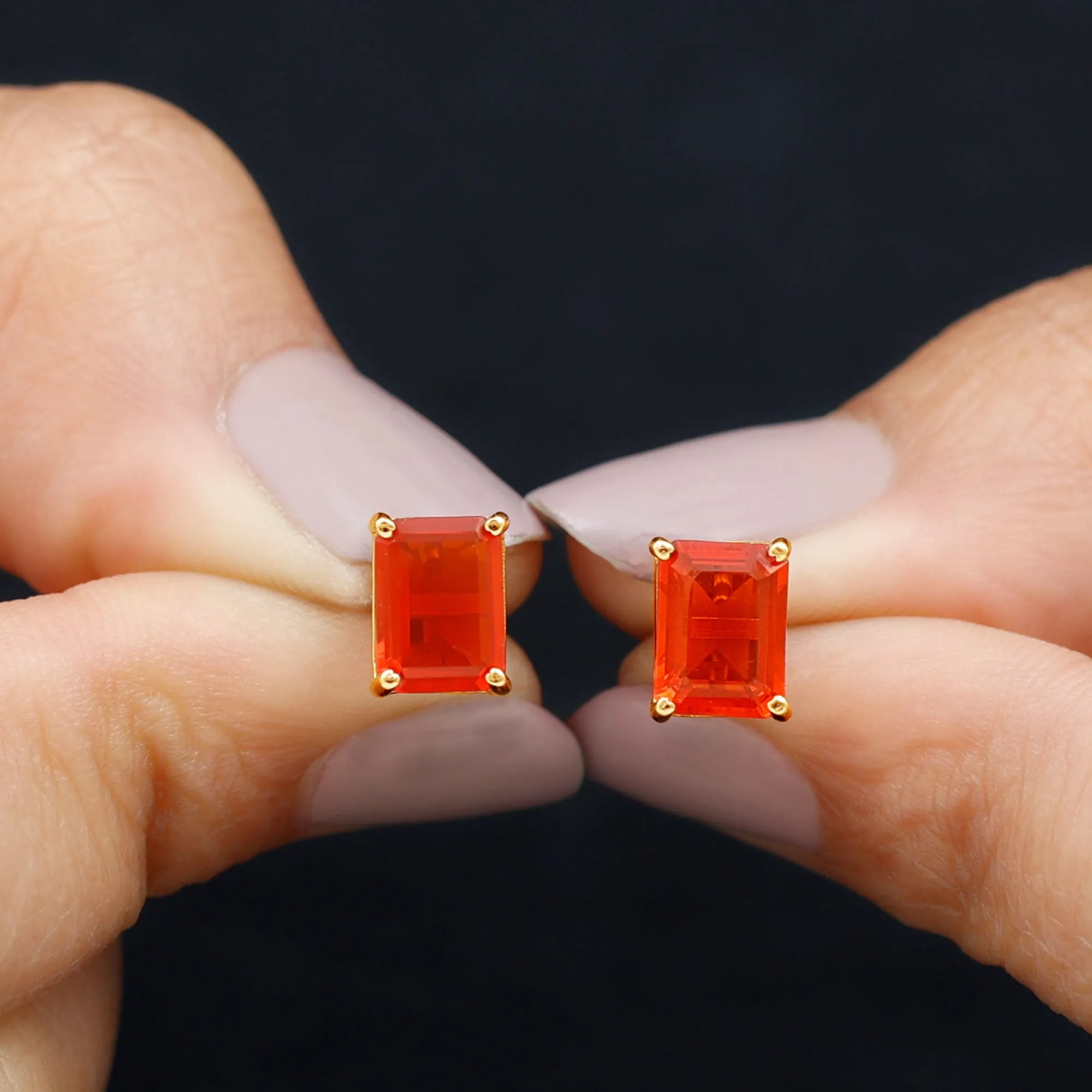 6X8 MM Octagon Cut Fire Opal Solitaire Stud Earrings for Women