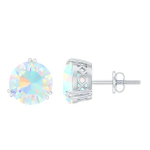 8 MM Ethiopian Opal Solitaire Silver Stud Earrings in Double Prong Setting