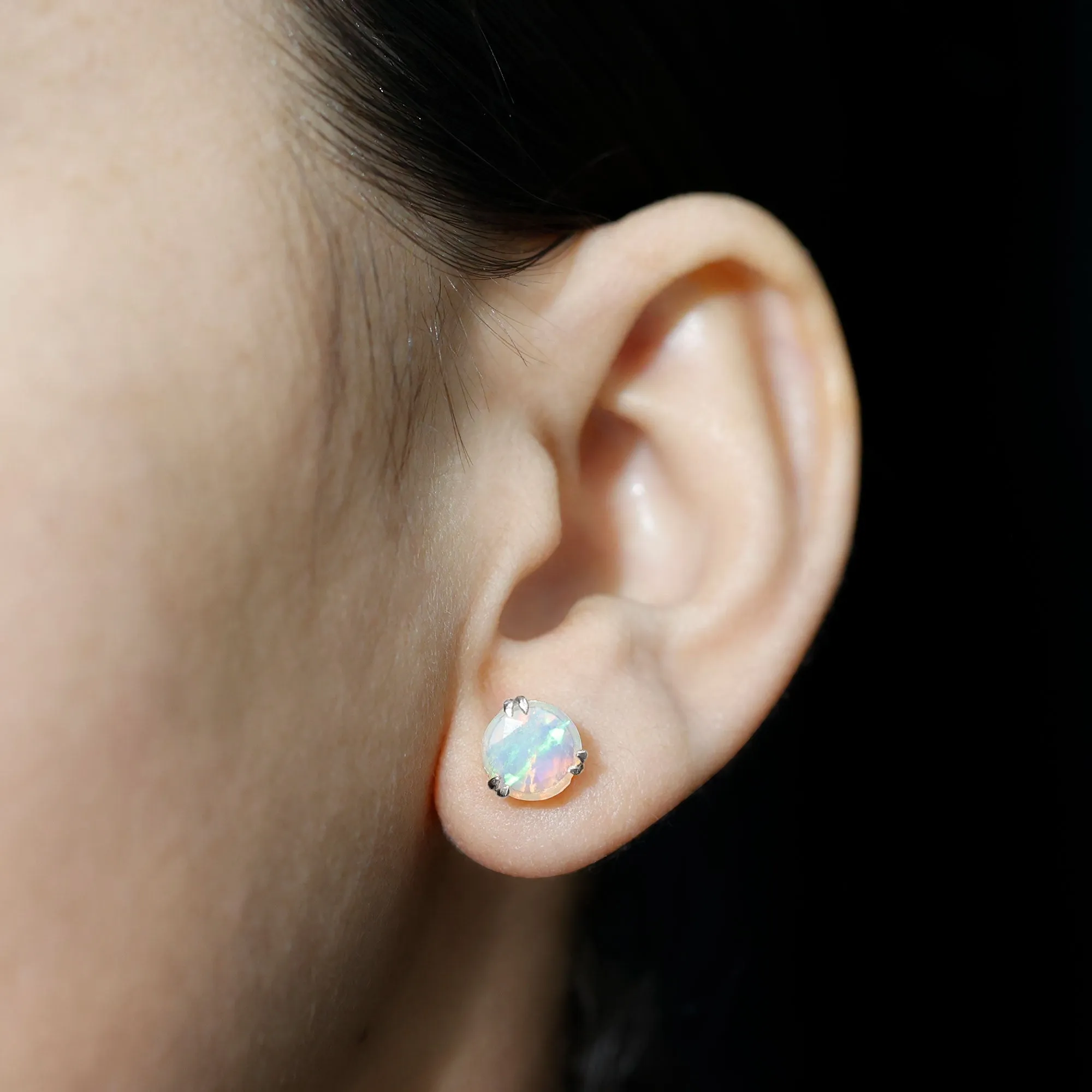 8 MM Ethiopian Opal Solitaire Silver Stud Earrings in Double Prong Setting