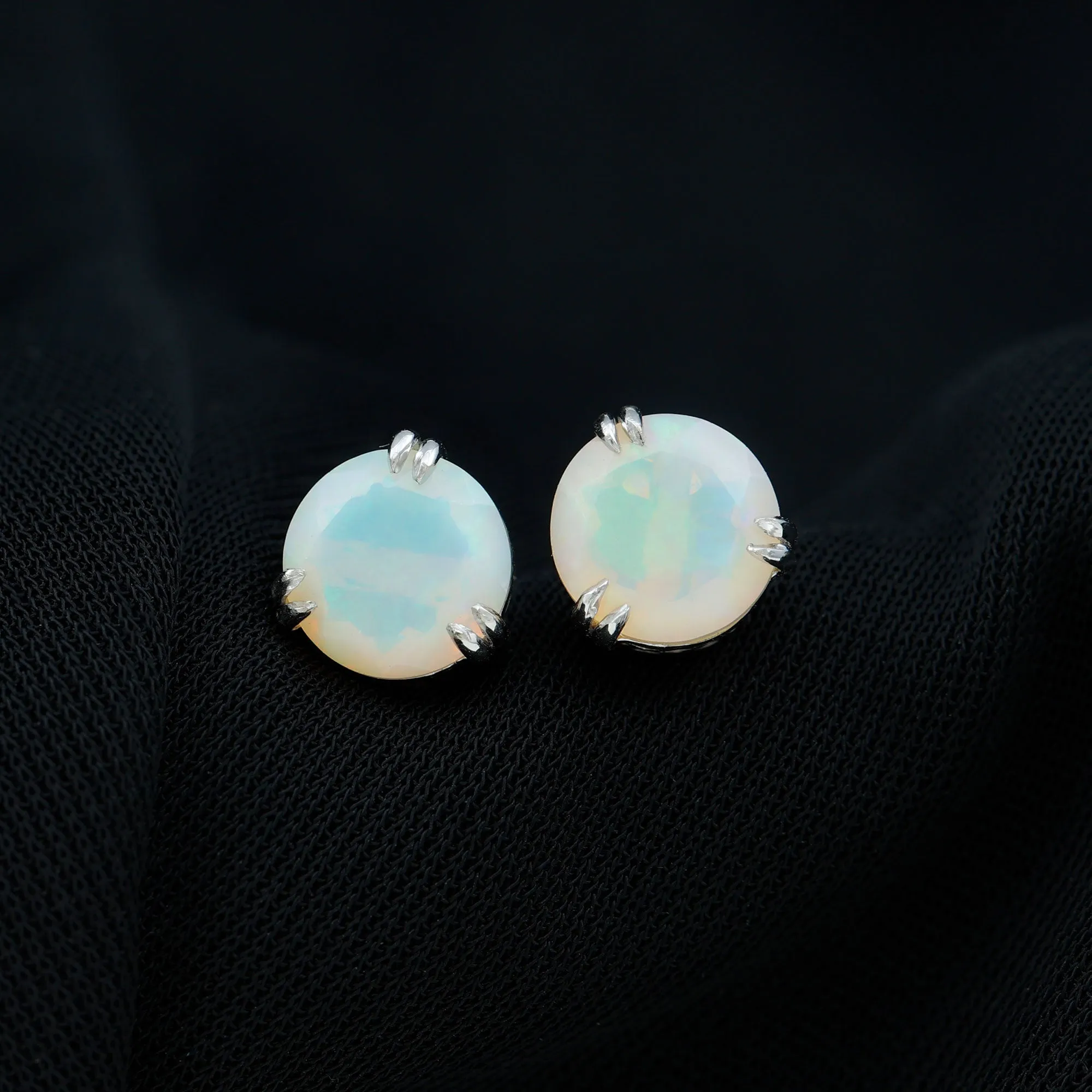8 MM Ethiopian Opal Solitaire Silver Stud Earrings in Double Prong Setting