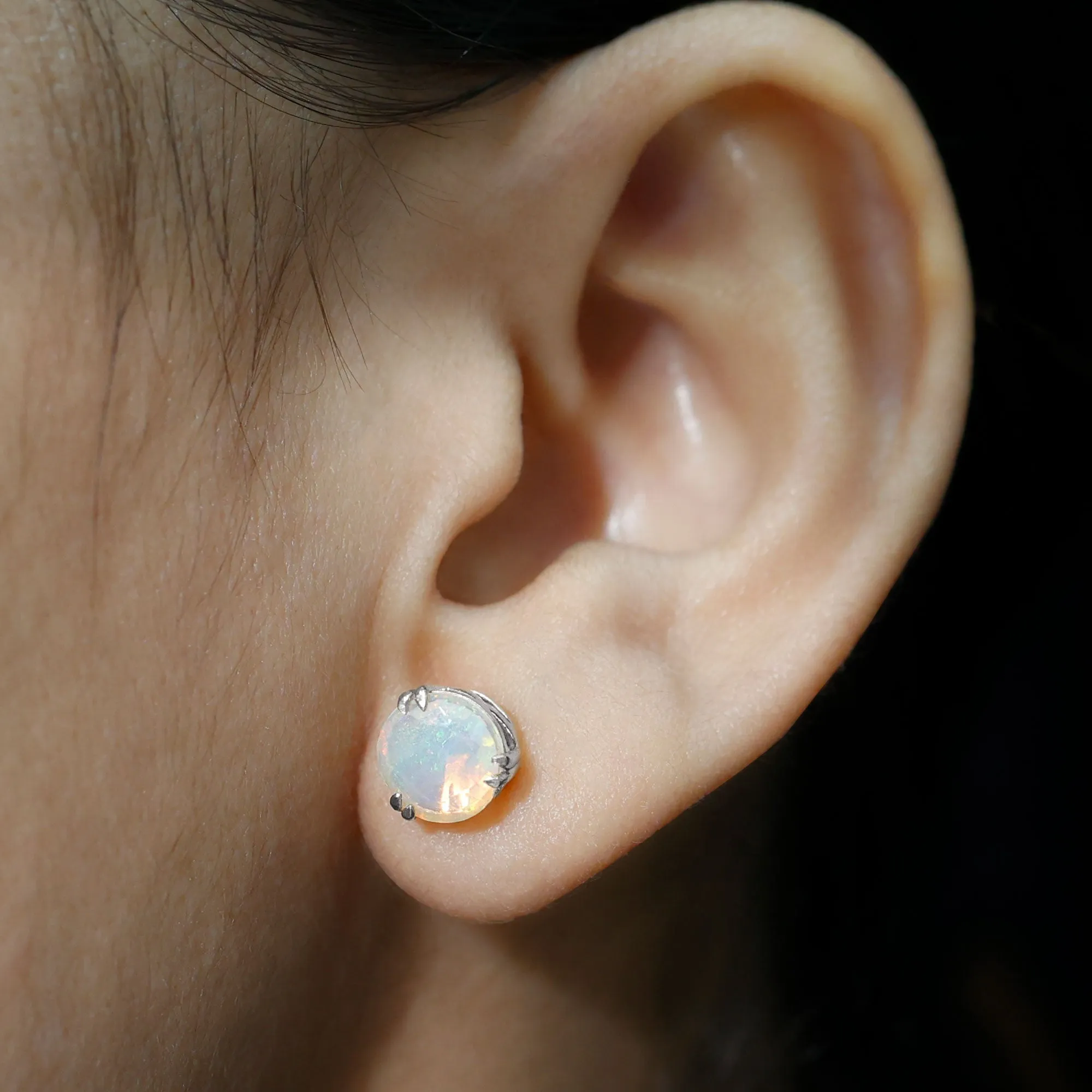 8 MM Ethiopian Opal Solitaire Silver Stud Earrings in Double Prong Setting