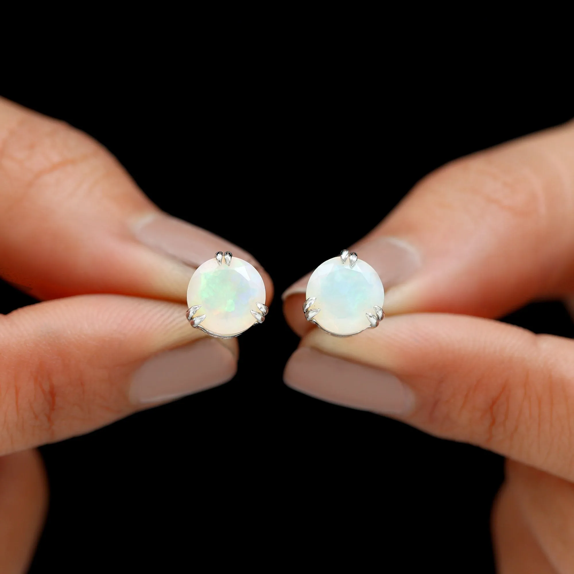 8 MM Ethiopian Opal Solitaire Silver Stud Earrings in Double Prong Setting