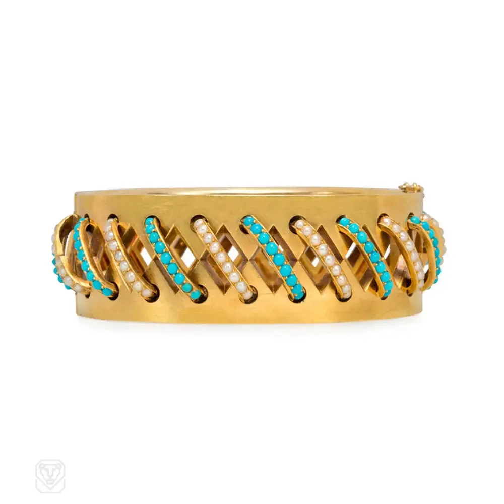 Antique gold, turquoise and pearl cuff bracelet