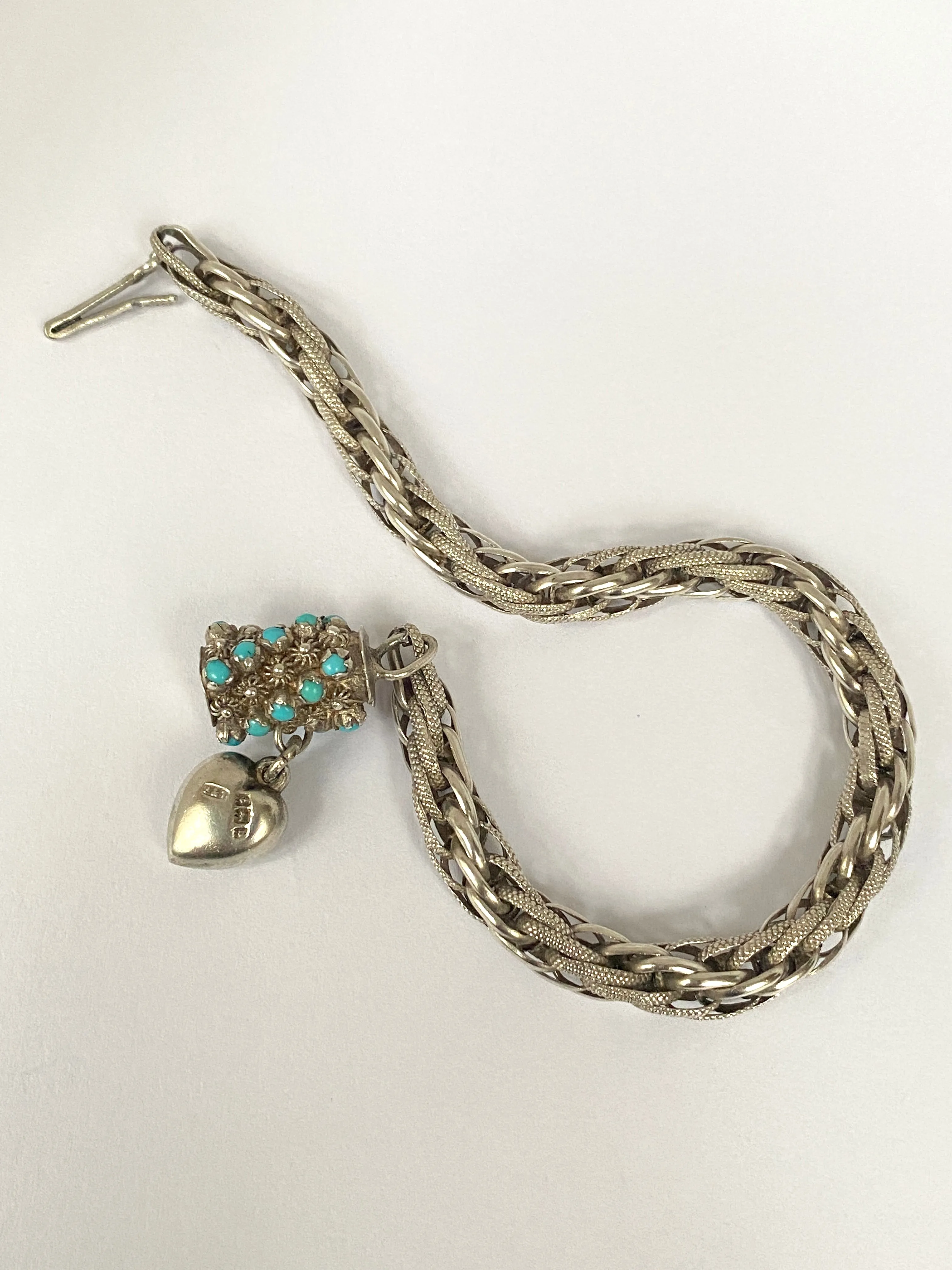 Antique, Victorian Solid Silver Fancy Link bracelet with Turquoise and Heart Clasp