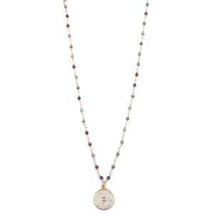 Ashley Gold Stainless Steel Gold Plated Green Beaded Chain And Encrusted Circle Pendant Necklace