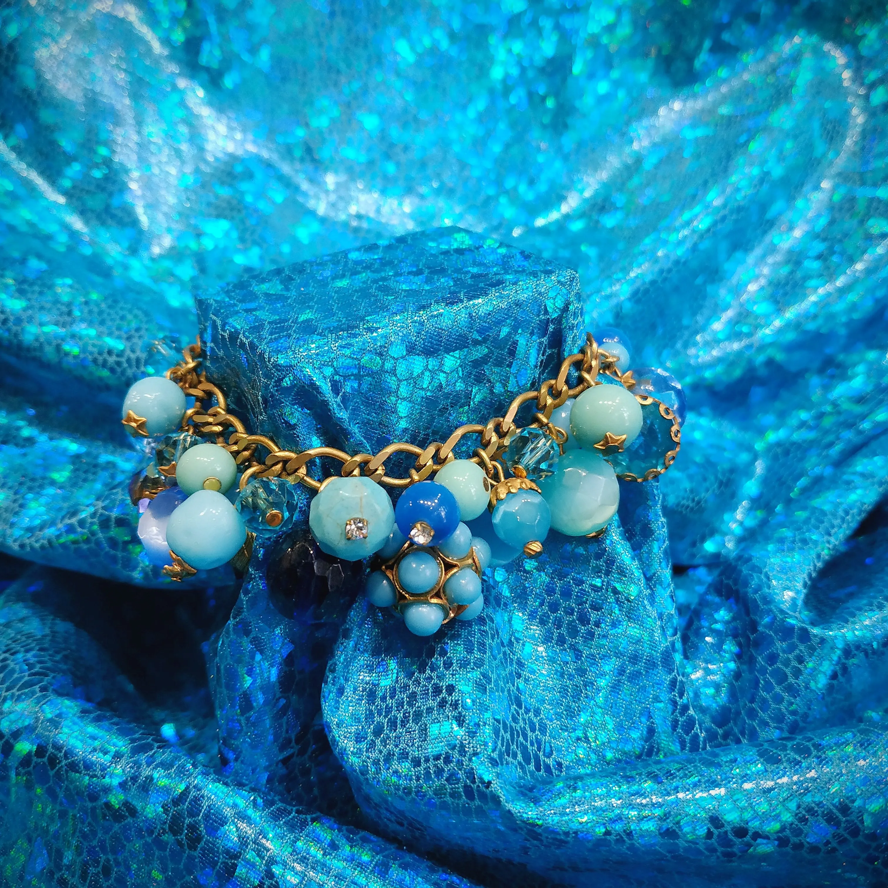 Askew London Blue Turquoise Charm Bracelet Gold Plated Vintage Glass Crystal