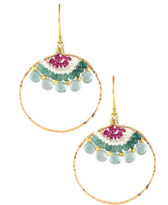 AVF Gold Green Quartz, Grandidierite, White Pearl & Pink Tourmaline Hoop Earrings (SI6780)