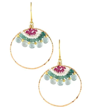 AVF Gold Green Quartz, Grandidierite, White Pearl & Pink Tourmaline Hoop Earrings (SI6780)