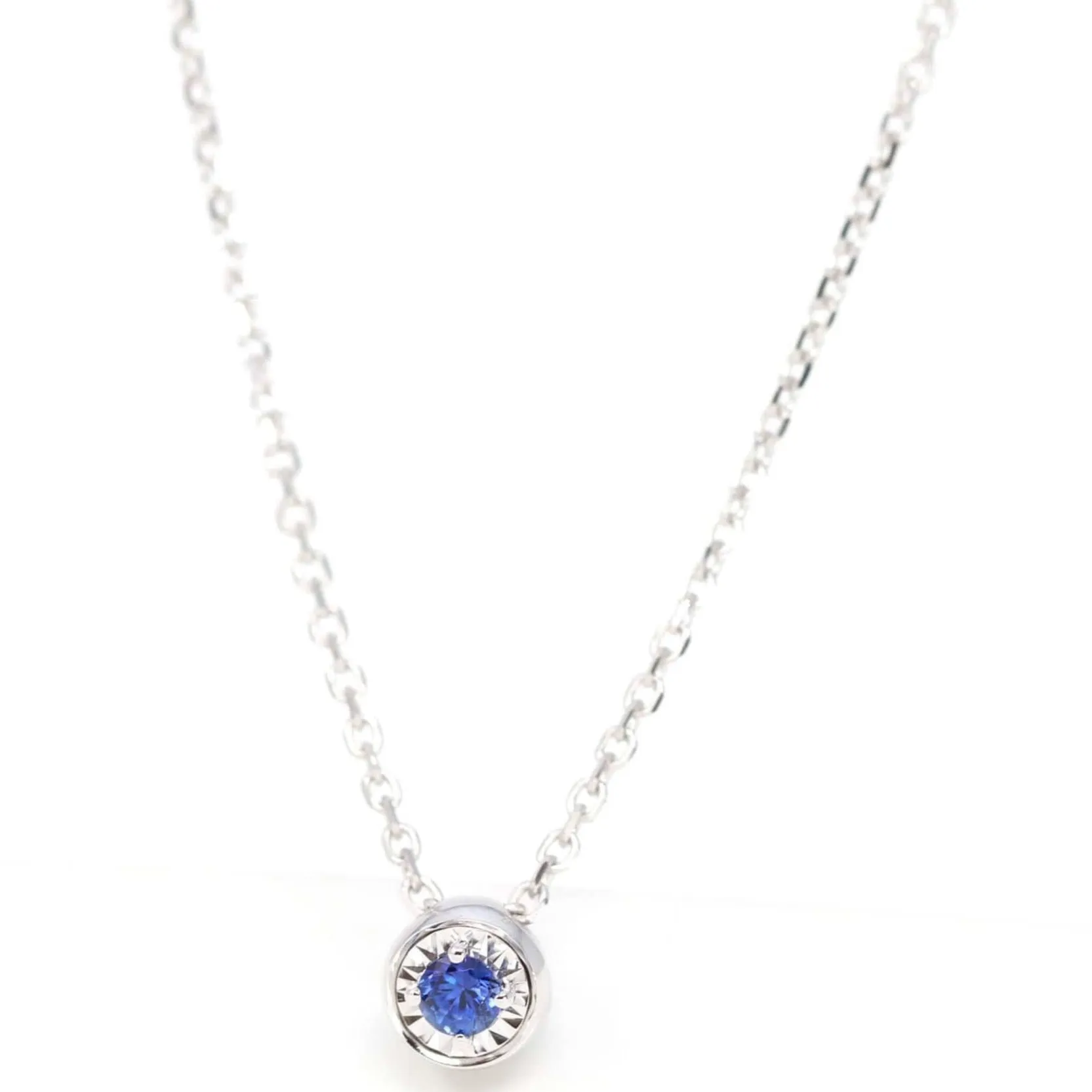Baikalla™ 14k White Gold Sapphire Round 4 Prong Set Necklace With Diamond-Cut Halo