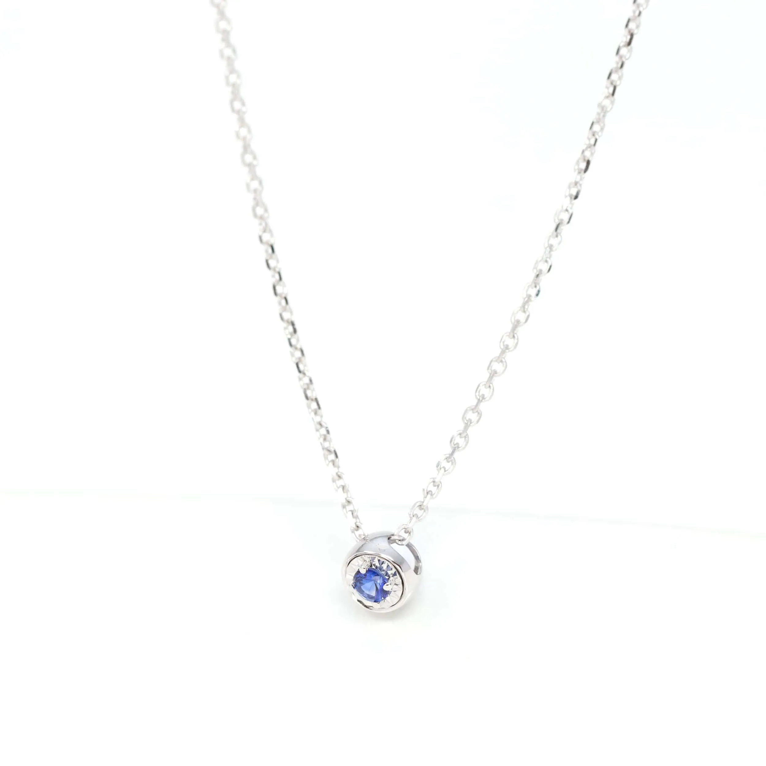 Baikalla™ 14k White Gold Sapphire Round 4 Prong Set Necklace With Diamond-Cut Halo