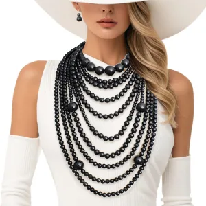Beaded Black 10 Strand Long Layered Necklace Women Beaded Black 10 Strand Long Layered Necklace Women