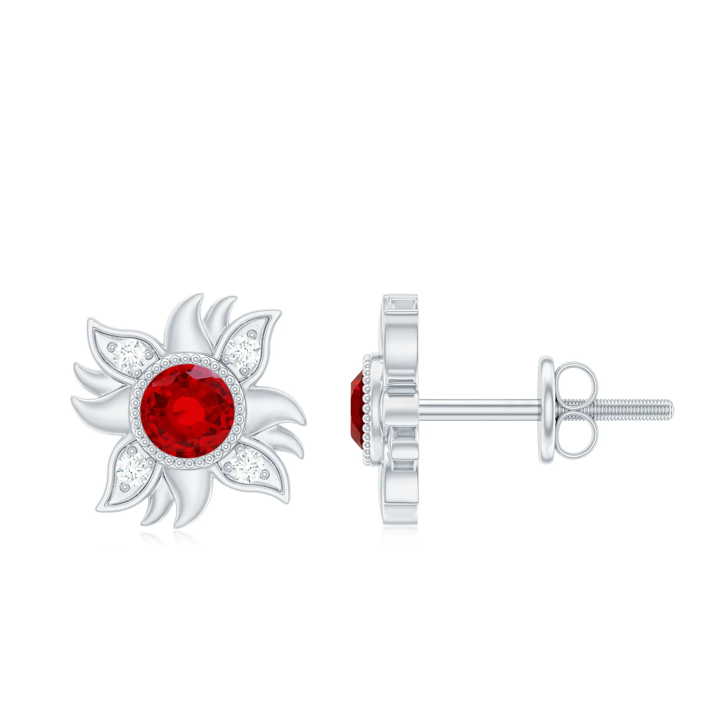 Bezel Set Lab Grown Ruby and Diamond Sunburst Stud Earrings