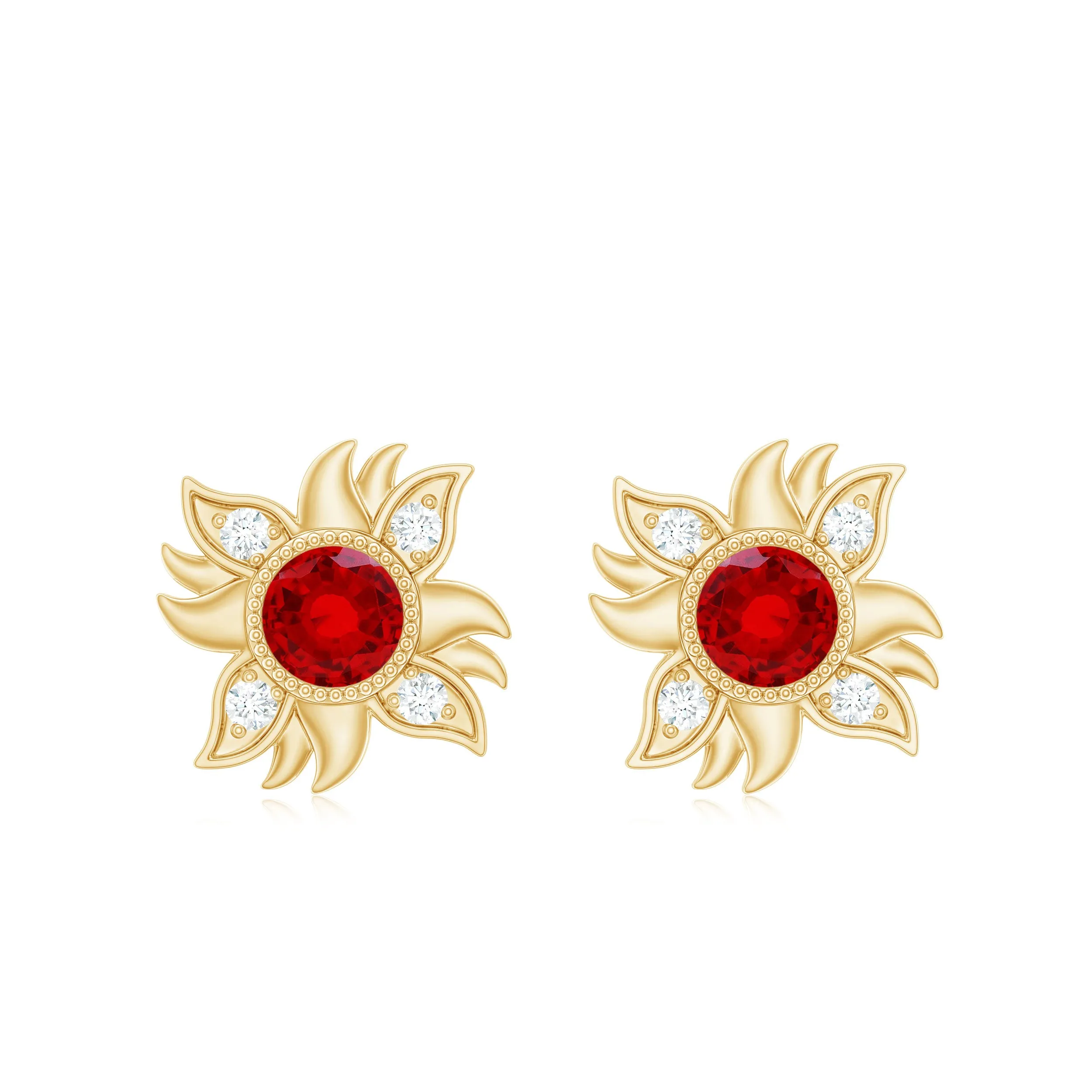 Bezel Set Lab Grown Ruby and Diamond Sunburst Stud Earrings