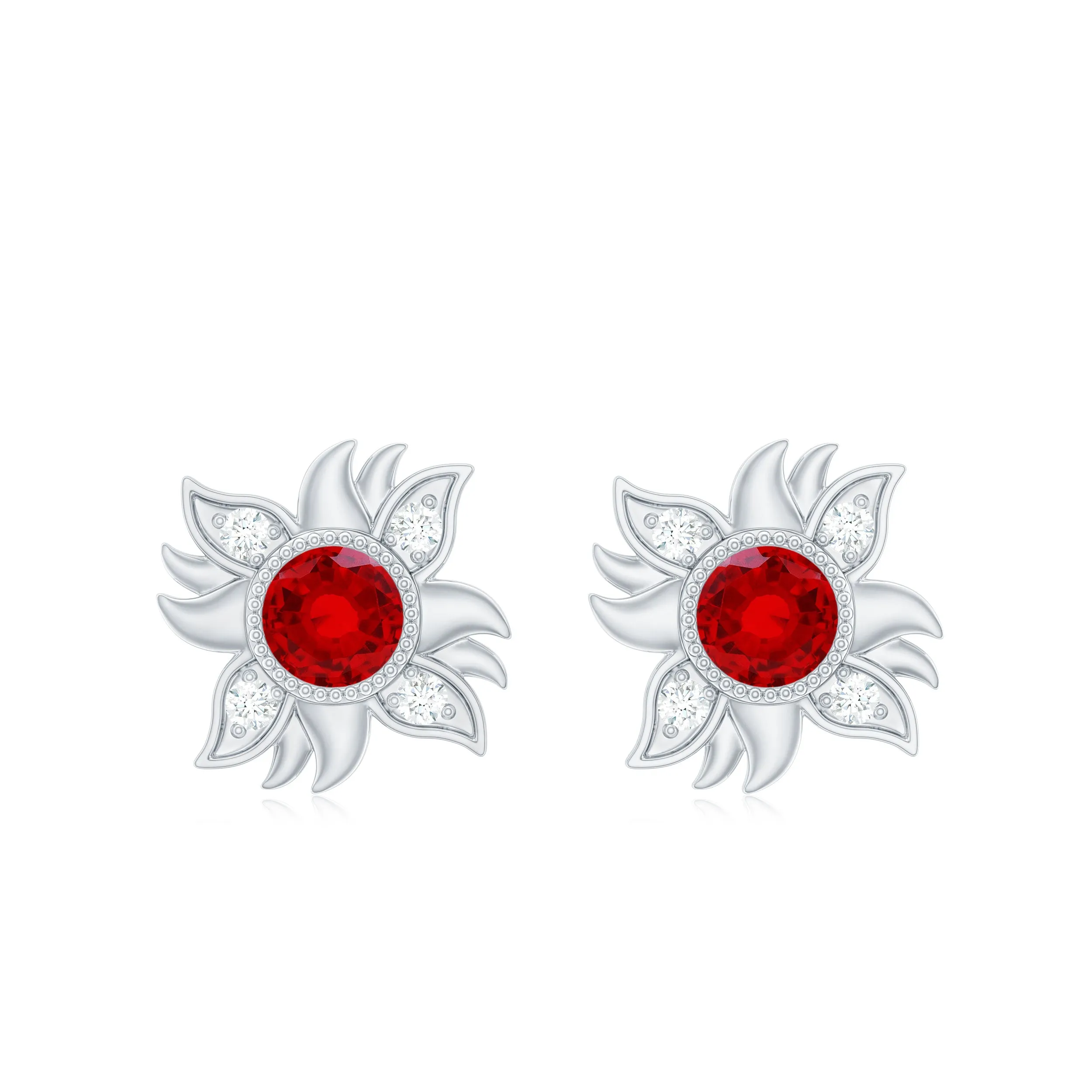 Bezel Set Lab Grown Ruby and Diamond Sunburst Stud Earrings