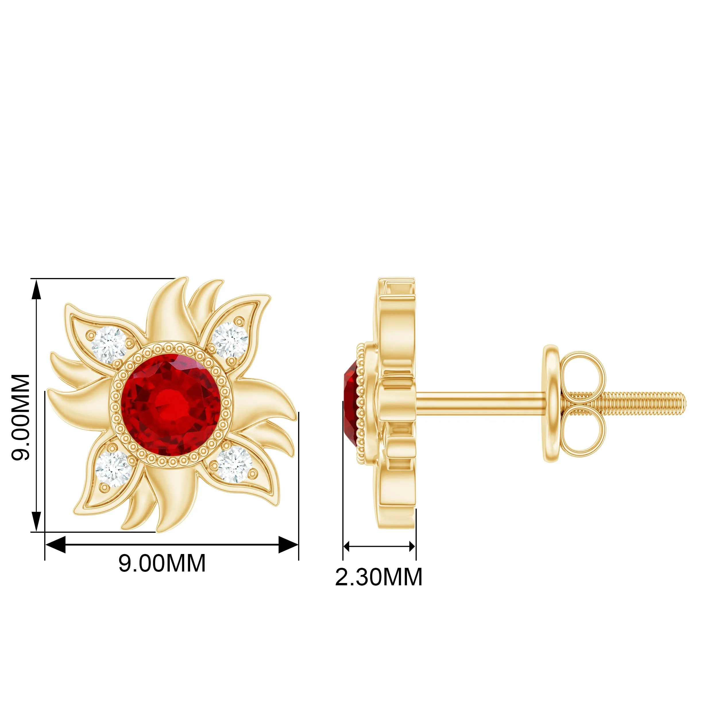 Bezel Set Lab Grown Ruby and Diamond Sunburst Stud Earrings