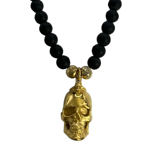 Black & Gold Beads Necklace with Stainless Steel Gold PVD Skull Pendant