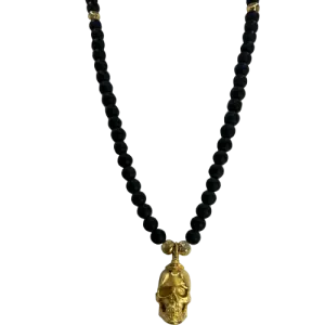 Black & Gold Beads Necklace with Stainless Steel Gold PVD Skull Pendant