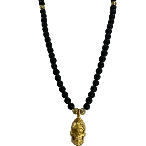 Black & Gold Beads Necklace with Stainless Steel Gold PVD Skull Pendant