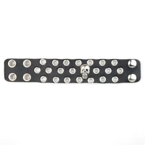 Black Leather Bracelet w/ 3 Rows of Grommets and Skull Detail