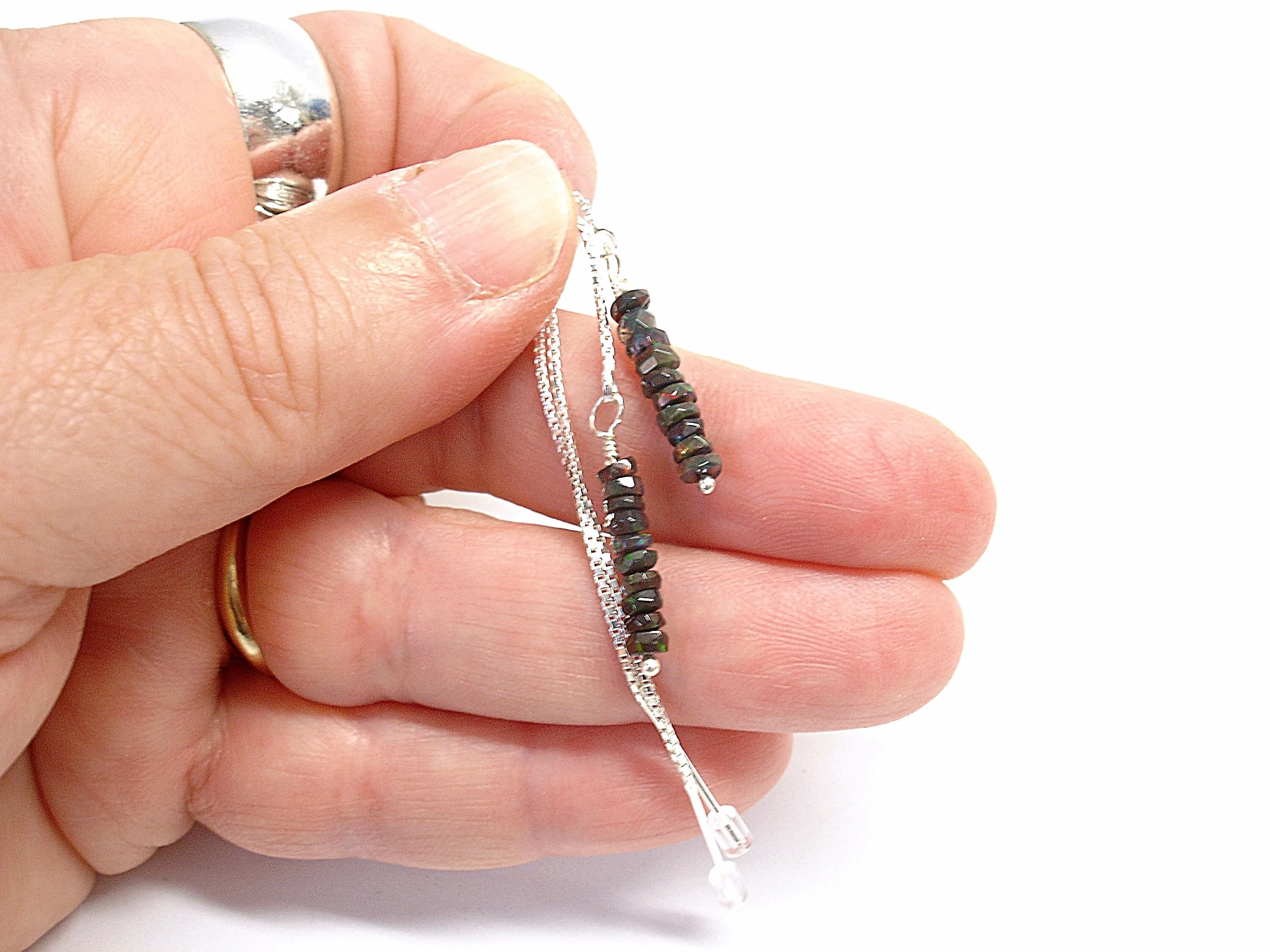 Black opal threader earrings. Gemstone dangle earrings. Opal jewelry. Gifts for her. Chain threader earrings
