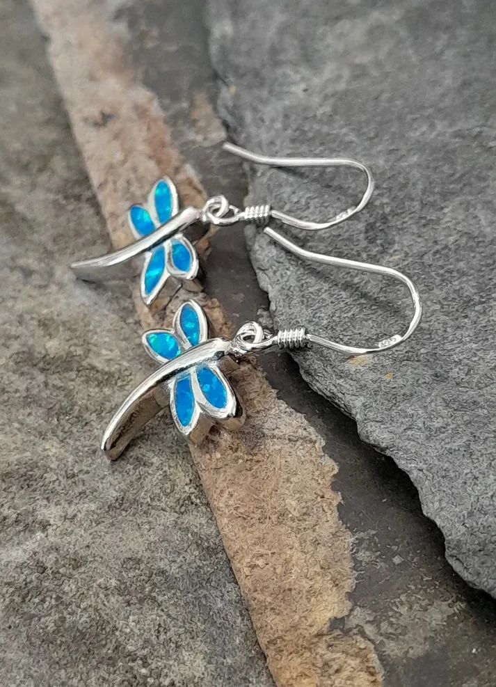 Blue Lily 18mm Syn Opal Dragonfly Drop Earrings - SE472B