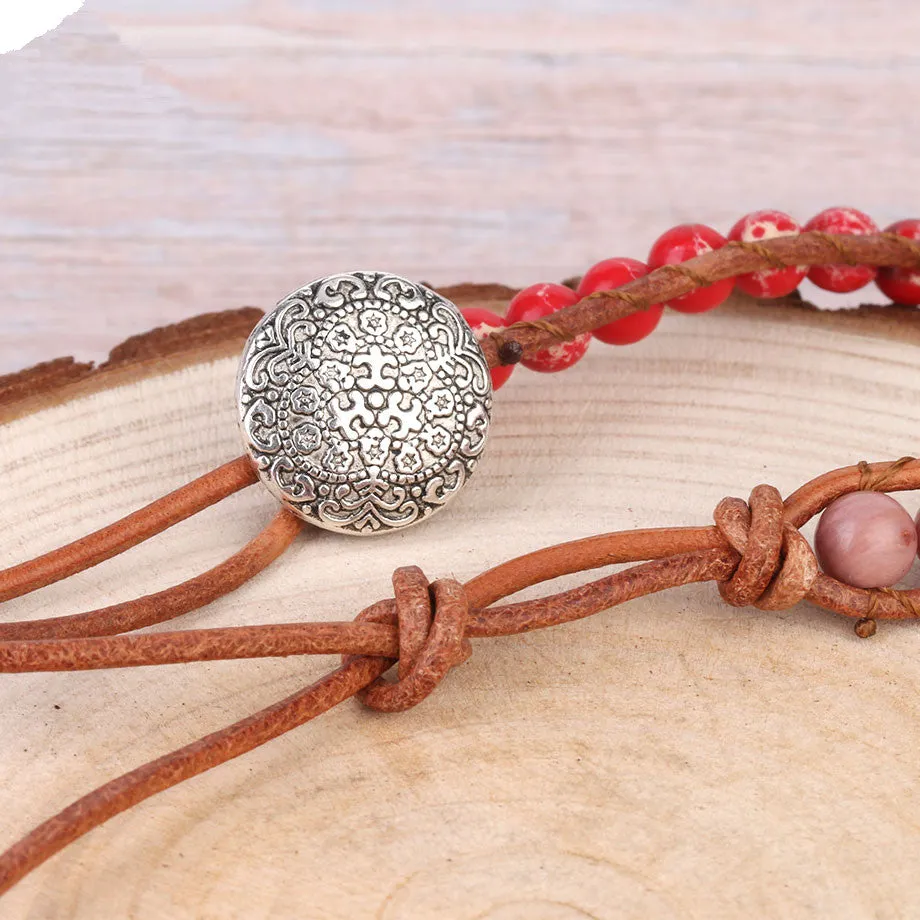 Bohemian Pink Coral Leather Beaded Bracelet