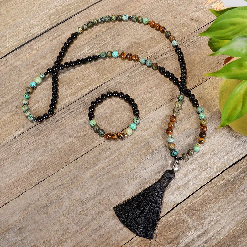 Buddha Stones 108 Mala Beads Natural Stone Tiger Eye Turquoise Protection Strength Bracelet Necklace