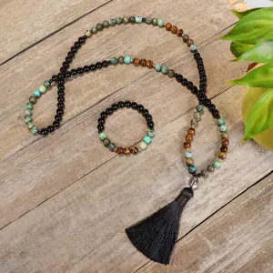 Buddha Stones 108 Mala Beads Natural Stone Tiger Eye Turquoise Protection Strength Bracelet Necklace