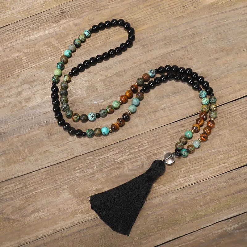 Buddha Stones 108 Mala Beads Natural Stone Tiger Eye Turquoise Protection Strength Bracelet Necklace