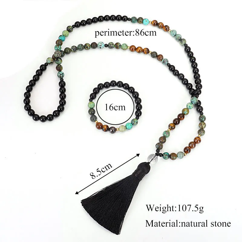 Buddha Stones 108 Mala Beads Natural Stone Tiger Eye Turquoise Protection Strength Bracelet Necklace