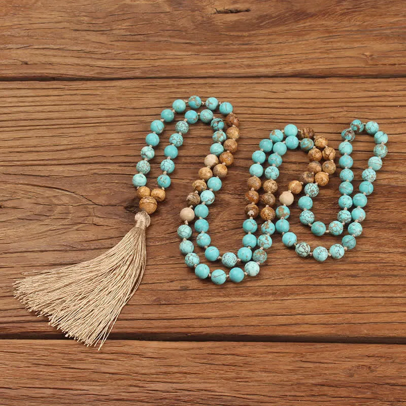 Buddha Stones 108 Mala Beads Turquoise Picture Jasper Wisdom Tassel Bracelet