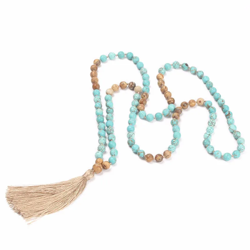 Buddha Stones 108 Mala Beads Turquoise Picture Jasper Wisdom Tassel Bracelet