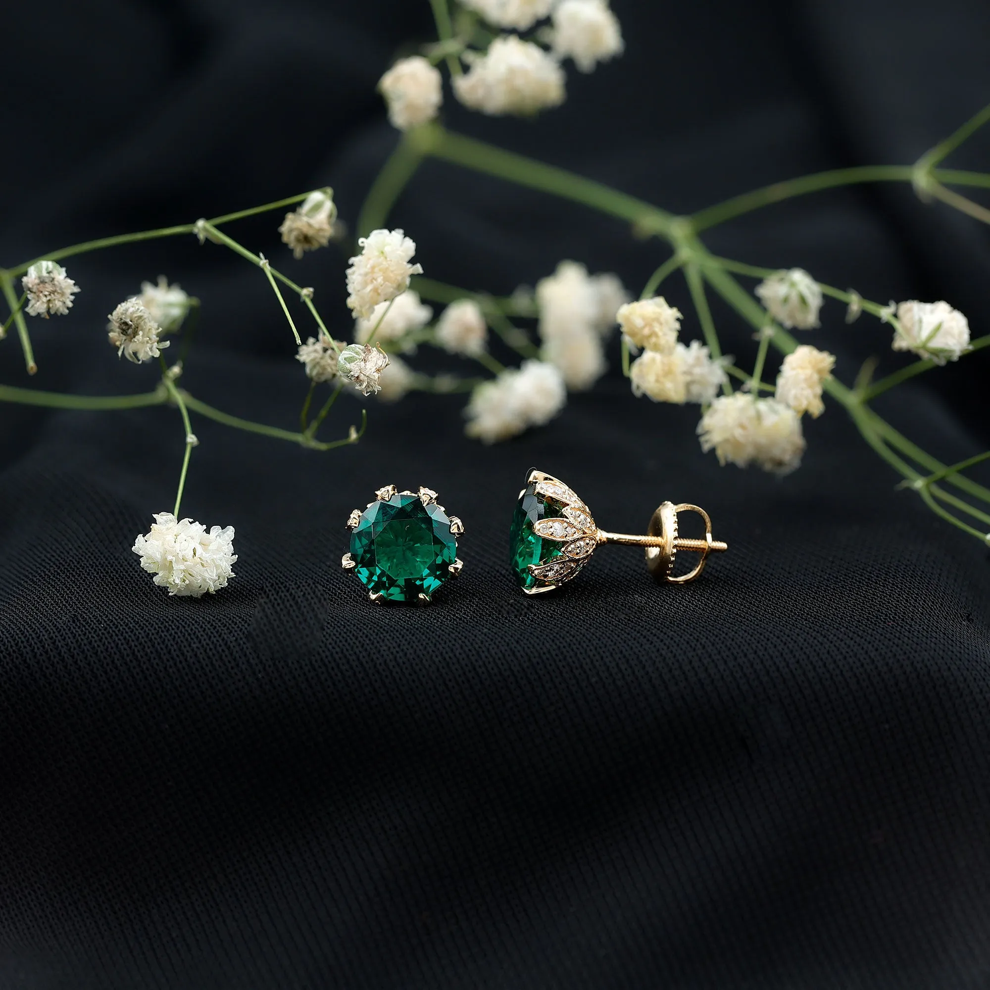 Certified Lab Created Emerald Solitaire Floral Stud Earrings