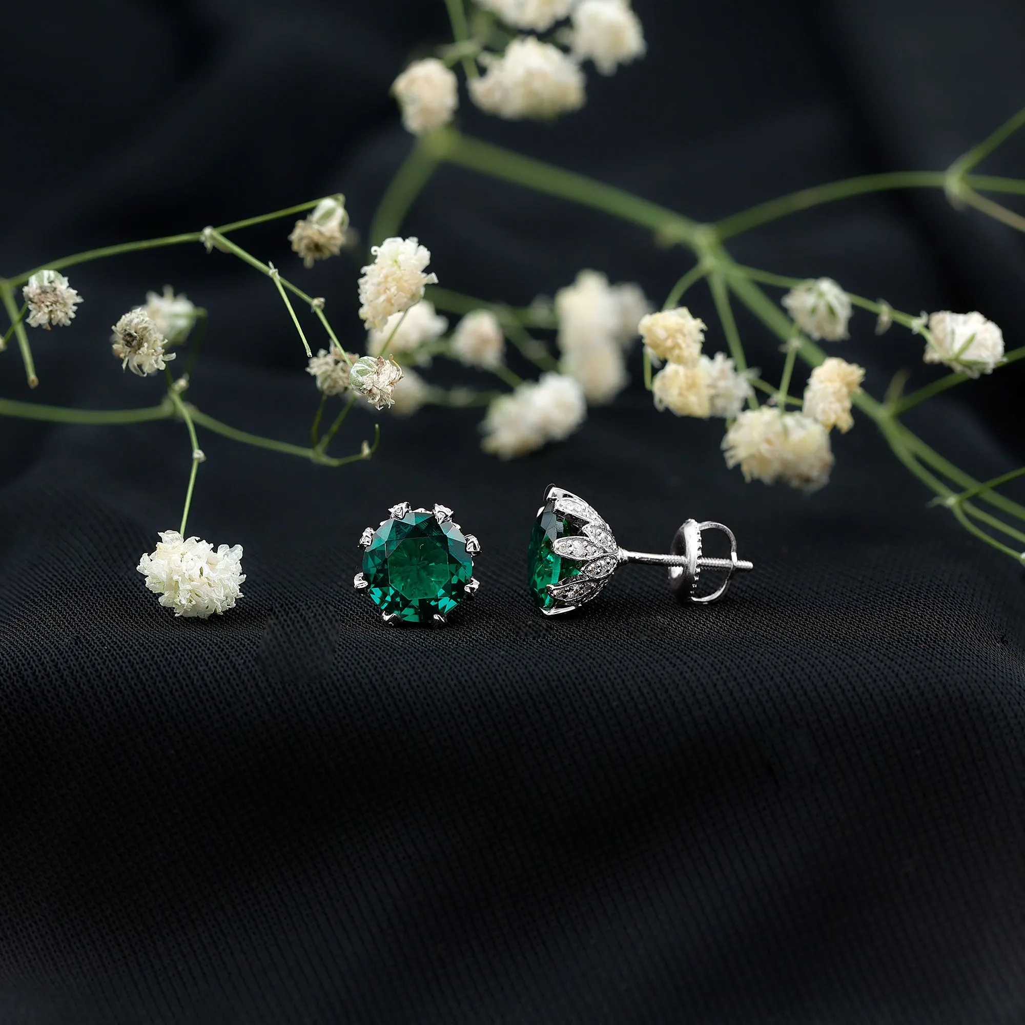 Certified Lab Created Emerald Solitaire Floral Stud Earrings