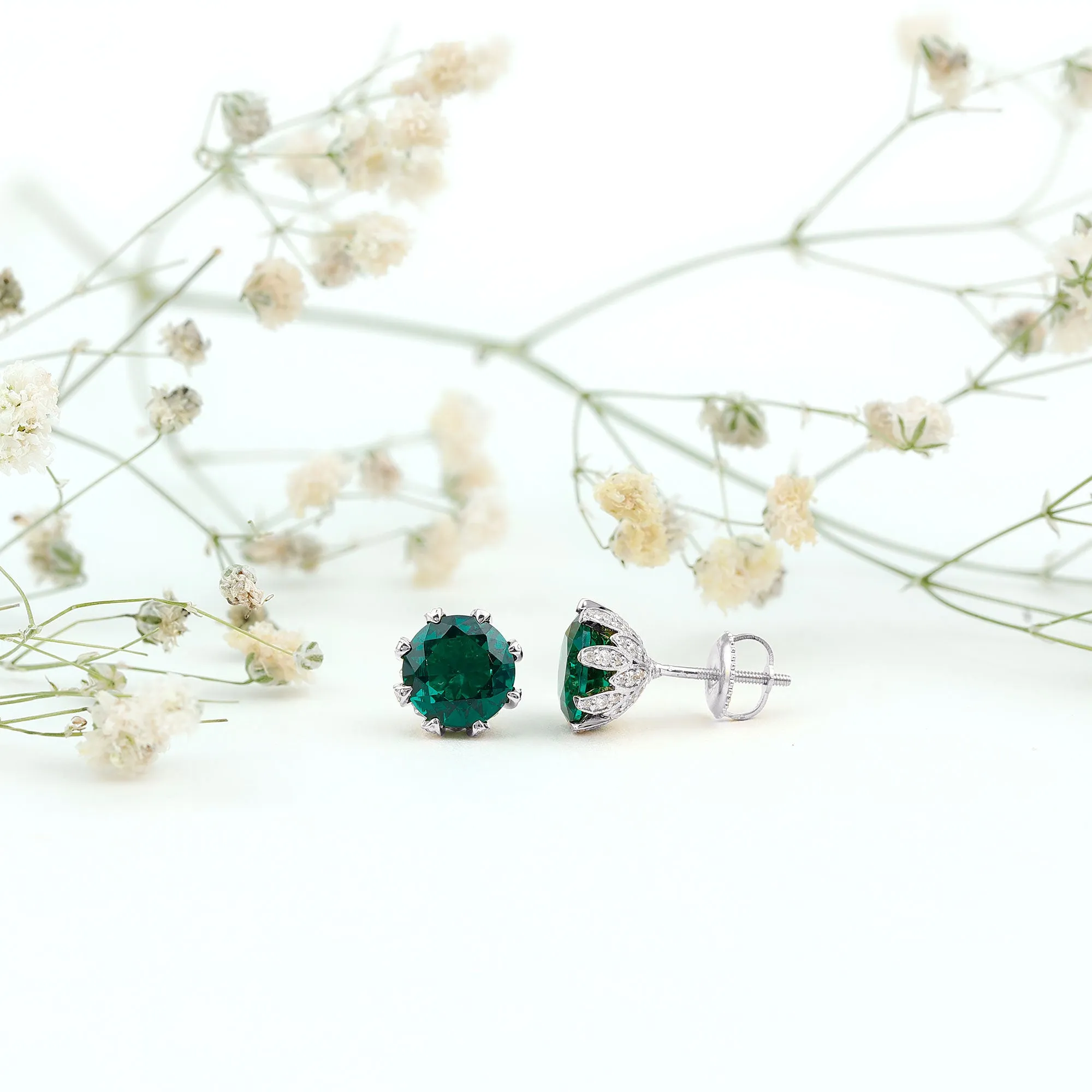 Certified Lab Created Emerald Solitaire Floral Stud Earrings