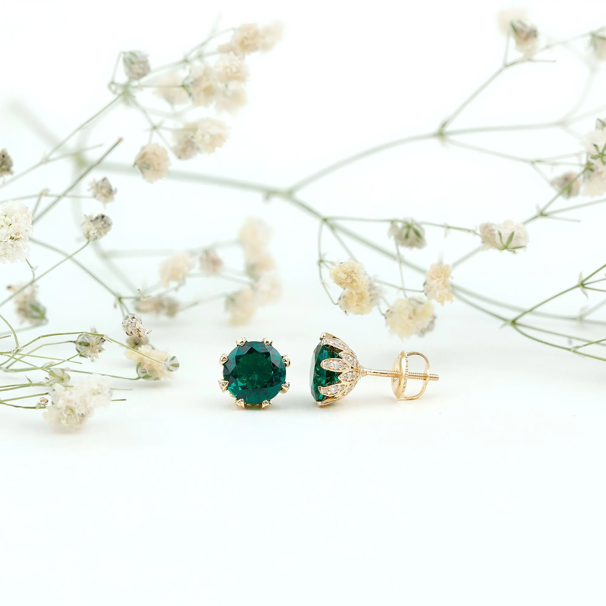 Certified Lab Created Emerald Solitaire Floral Stud Earrings