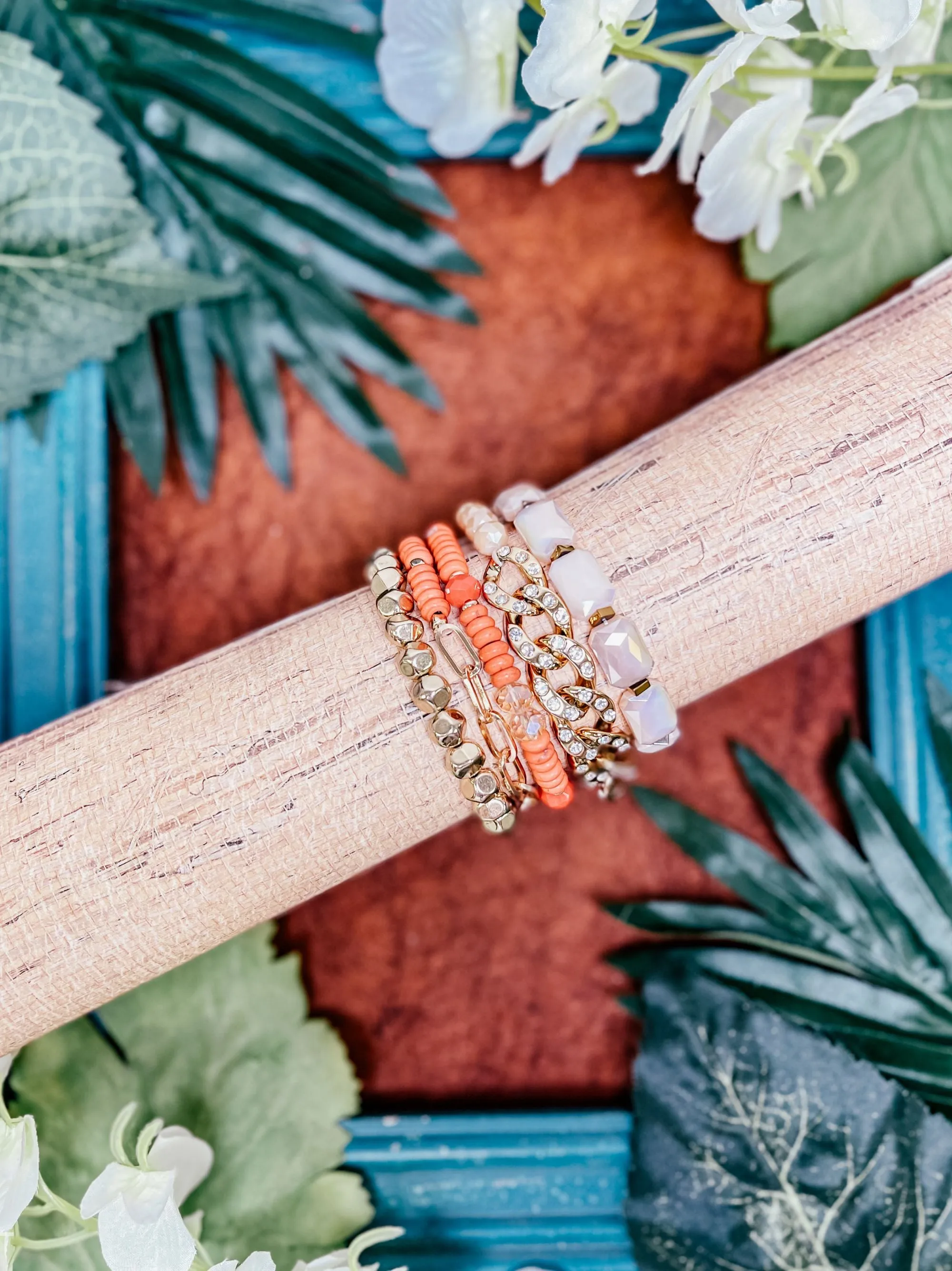 Chained to Memories orange and gold five strand bracelet