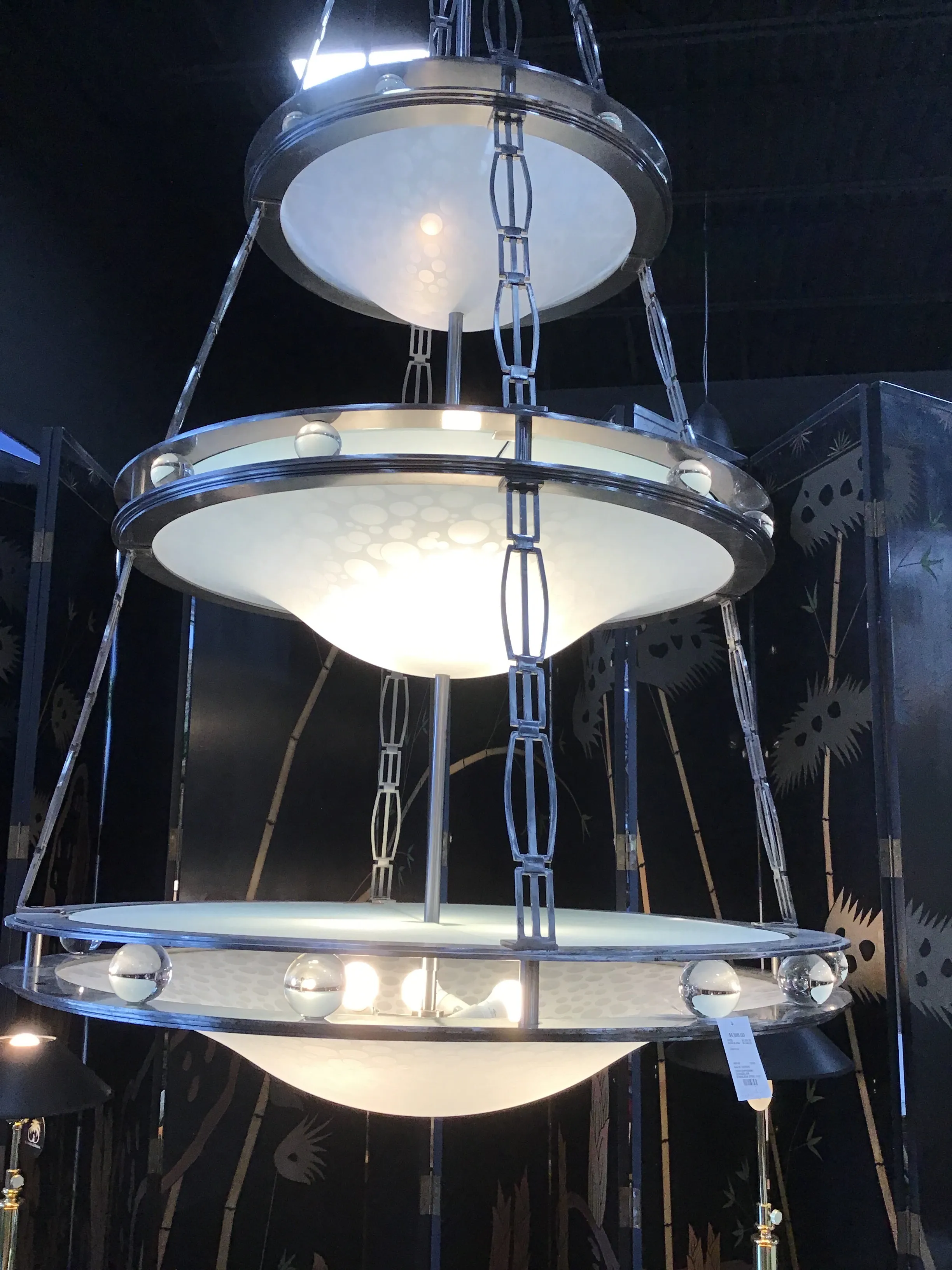 *CONTEMPORARY CHANDELIER STAINLESS STEEL AND FROSTED GLASS 3 TIER