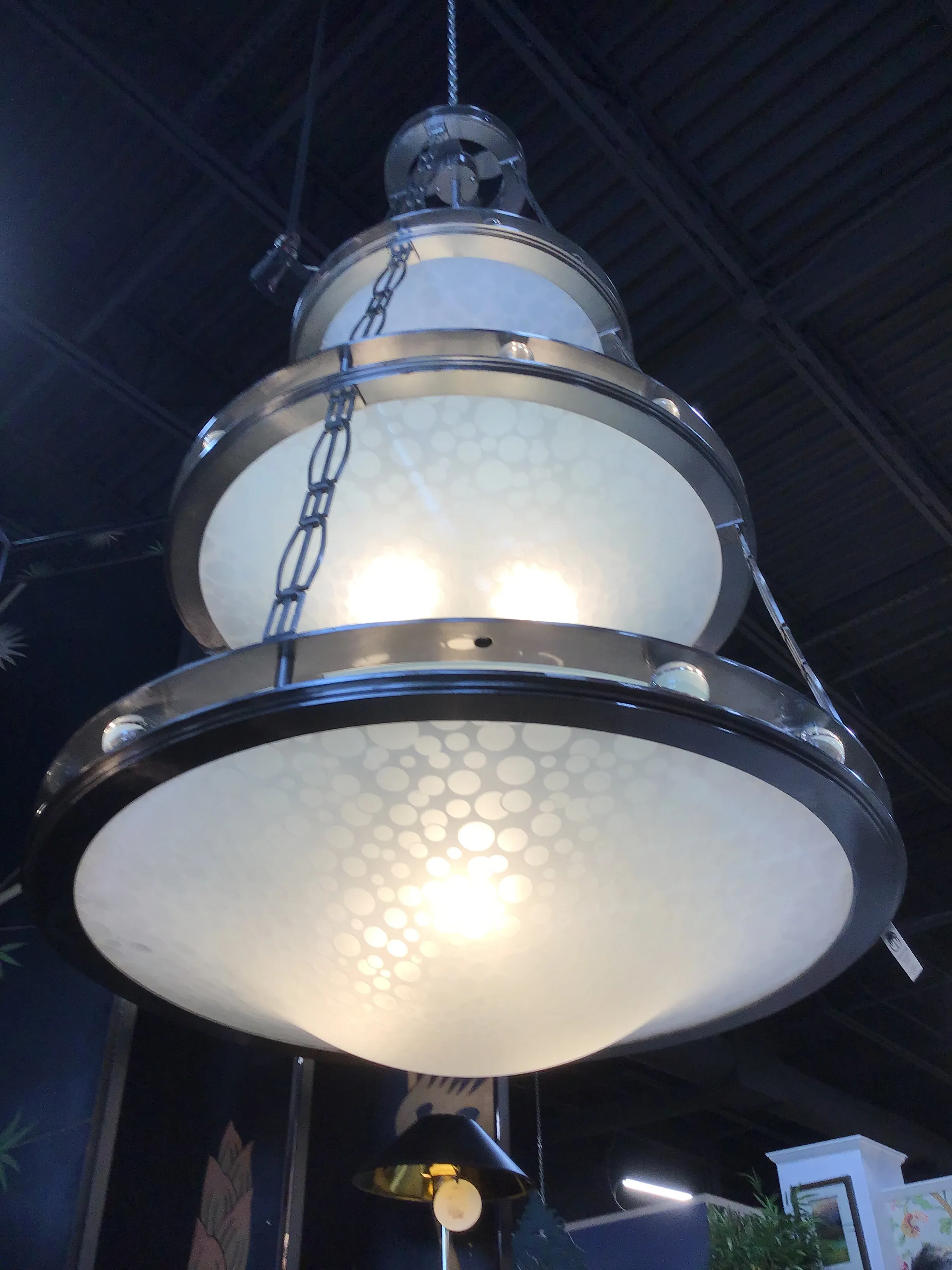 *CONTEMPORARY CHANDELIER STAINLESS STEEL AND FROSTED GLASS 3 TIER